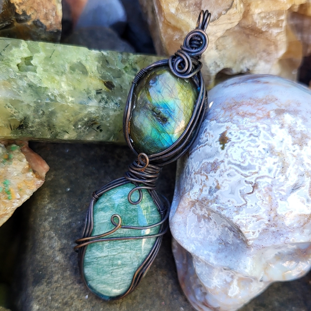 Handmade Copper Wire-Wrapped Labradorite & Amazonite Stone Pendant Sale
